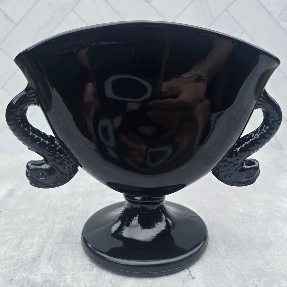 Vintage Black Amethyst Glass Trophy Vase Koi Fish Dolphin Handles Art Deco